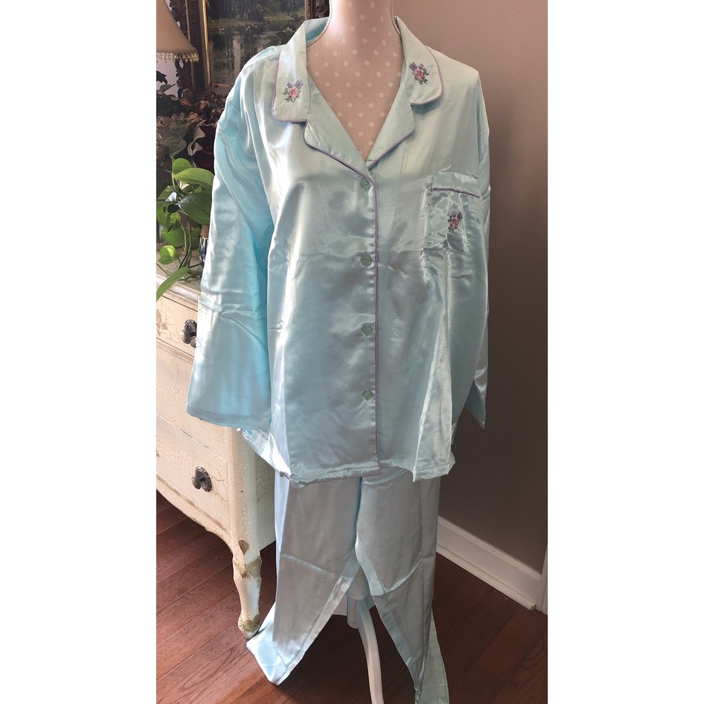 Vtg Anthony Richards Satin Pajamas 2 Piece Long Sleeves Teal Blue Embroidery 3XL